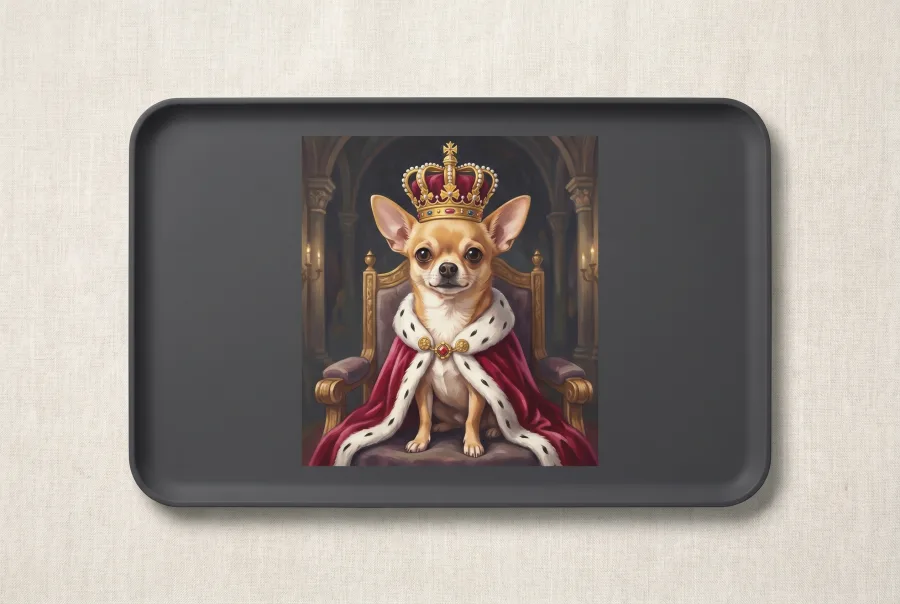 Chihuahua als kleiner König, royales Portrait auf der Futtermatte