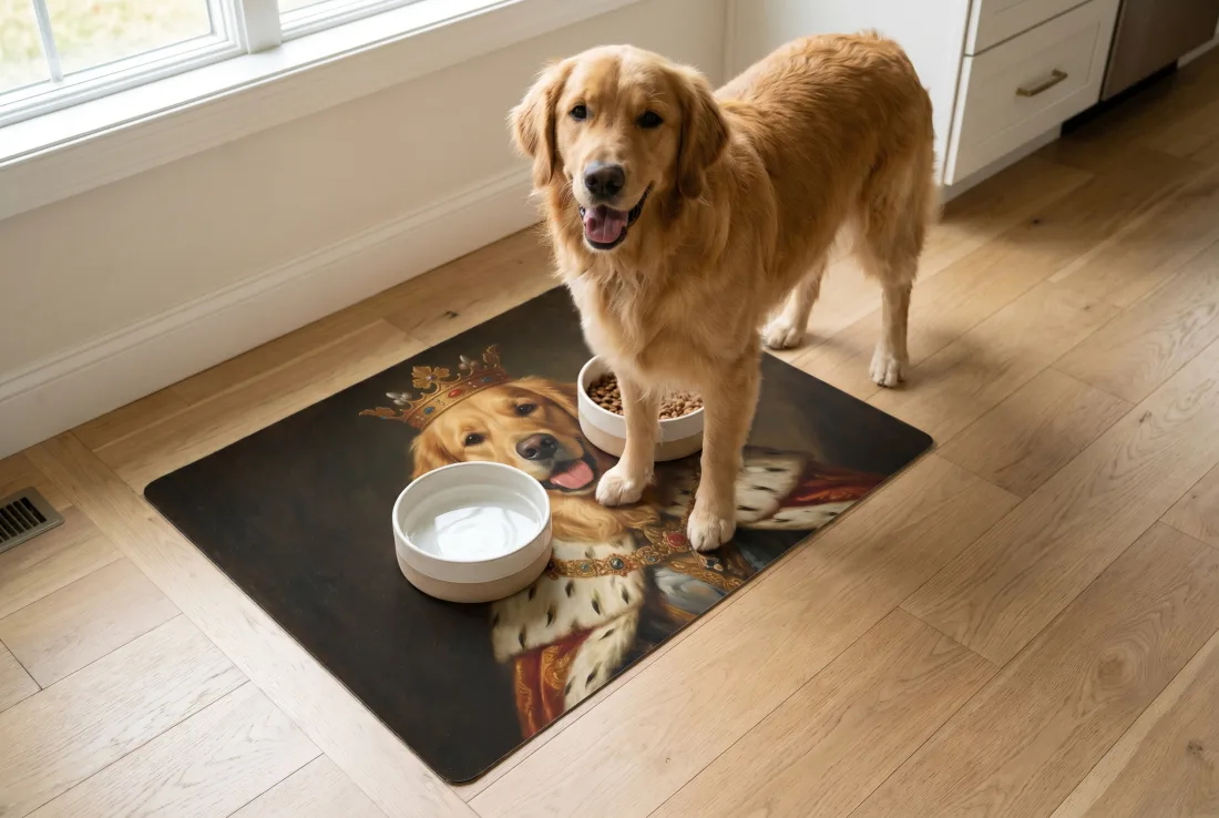 Große Futtermatte 80 × 50 cm mit großem Hund und zwei Näpfen