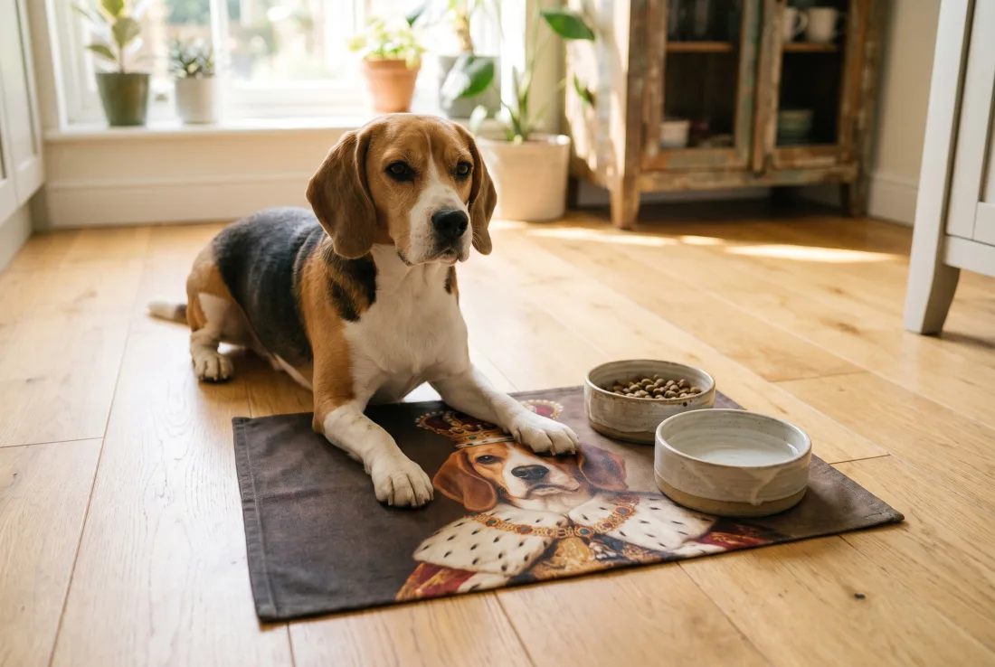 Mittlere Futtermatte 60 × 40 cm mit mittelgroßem Hund und zwei Näpfen
