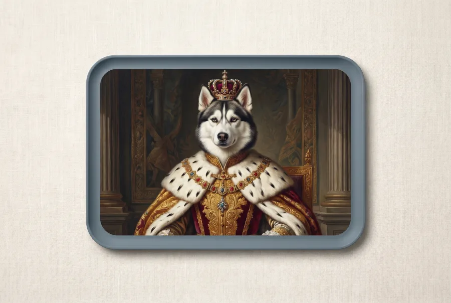 Sibirischer Husky als Zar, royales Portrait auf der Futtermatte