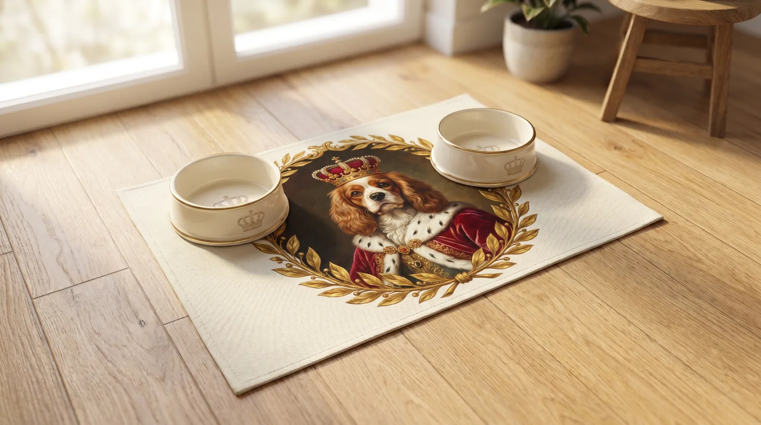 Futtermatte mit königlichem Haustier-Portrait, gedruckt mit Krone und Umhang