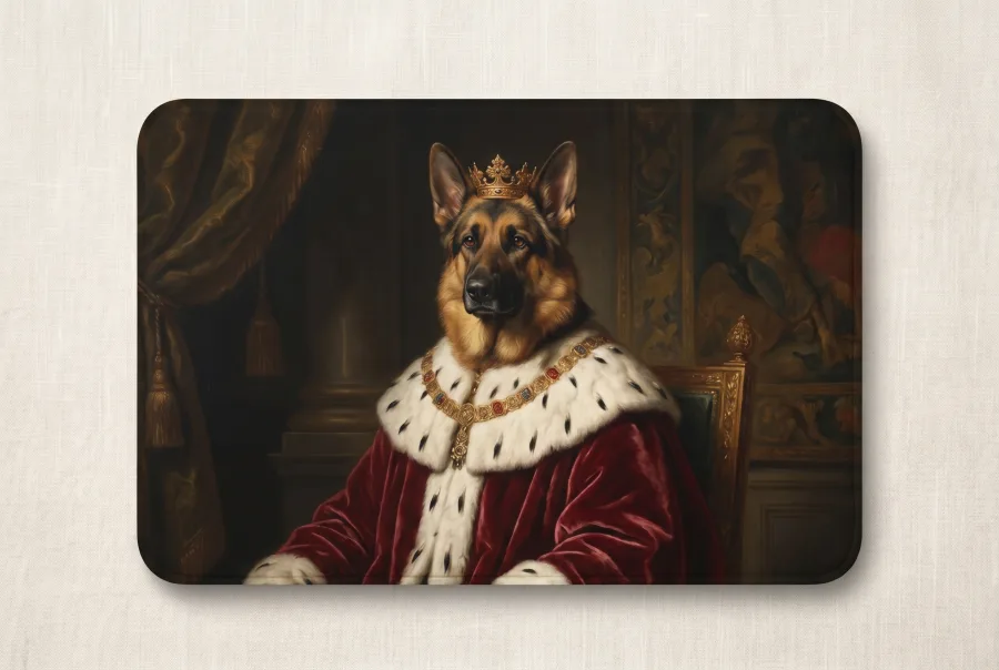 Deutscher Schäferhund als König, royales Portrait auf der Futtermatte