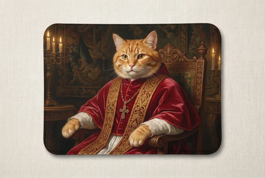 Rote getigerte Katze als Kardinal, royales Portrait auf der Futtermatte