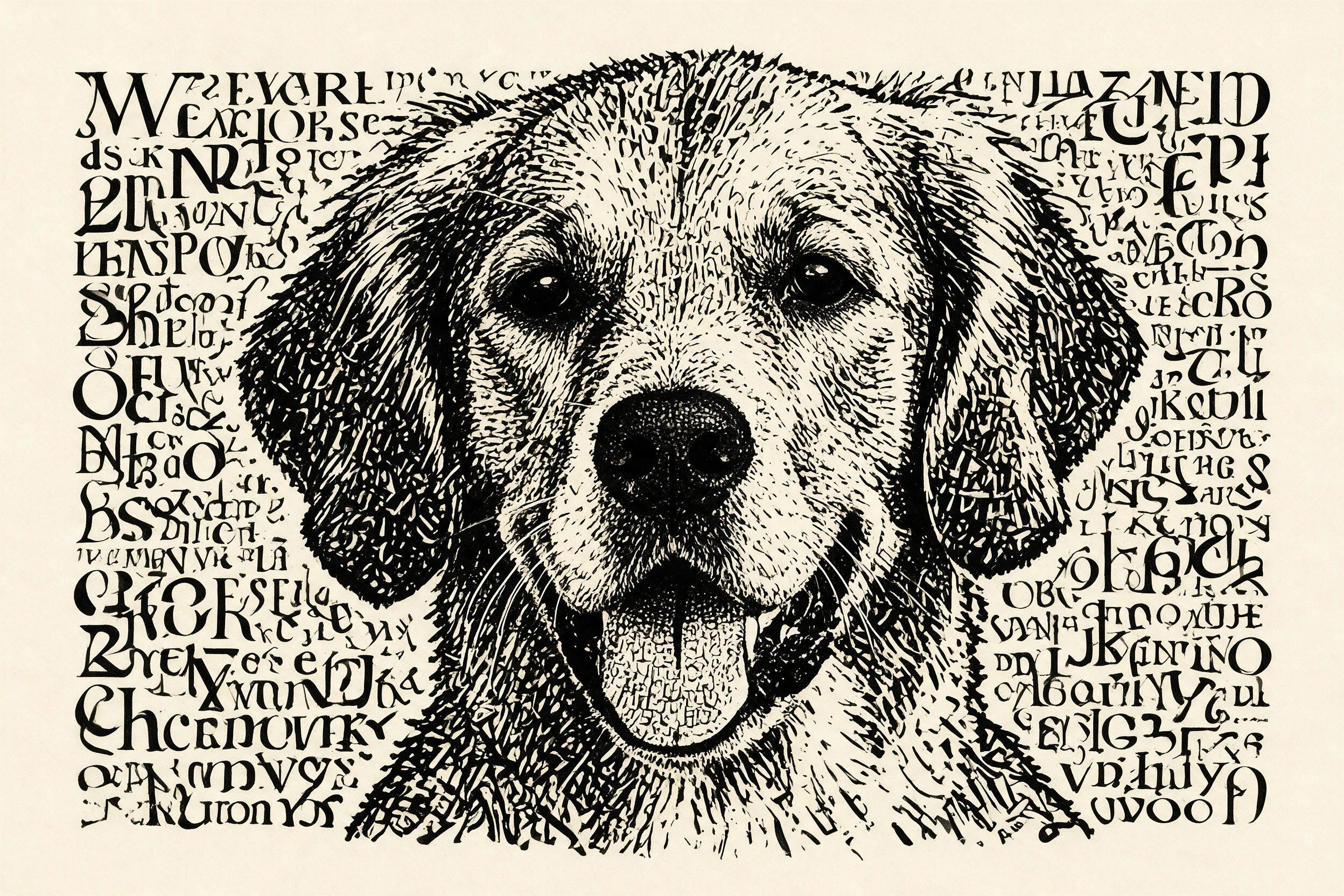 Haustier-Portrait im Stil Typografie, gedruckt auf einer Futtermatte